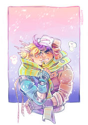 Rule 34 | 2boys, battle tendency, blonde hair, blue jacket, blush, caesar anthonio zeppeli, delichuu, facial mark, feather hair ornament, feathers, fingerless gloves, gloves, hair ornament, headband, jacket, jojo no kimyou na bouken, joseph joestar, joseph joestar (young), male focus, multiple boys, noses touching, purple hair, scarf, shared clothes, shared scarf, snowing, striped clothes, striped scarf, winter clothes, winter hat, yaoi