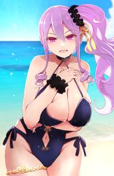 Rule 34 | 1girl, arano oki, breasts, fate/grand order, fate (series), hair ornament, highres, large breasts, long hair, looking at viewer, navel, ocean, open mouth, piercing, pink eyes, purple hair, solo, swimsuit, wet, wu zetian (fate), wu zetian (swimsuit caster) (fate), wu zetian (swimsuit caster) (first ascension) (fate)