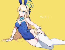 Rule 34 | 1girl, animal ear hairband, arm support, blonde hair, blue archive, halo, leotard, playboy bunny, rabbit ear hairband, rabbit ears, sitting, solo, thighhighs, toki (blue archive), toki (bunny) (blue archive), white thighhighs, yellow background, yuura
