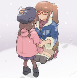 Rule 34 | 2girls, black eyes, black footwear, black thighhighs, blue coat, brown hair, brown pantyhose, coat, day, facing another, freckles, glasses, hand on another&#039;s headwear, highres, holding own arm, kneeling, multiple girls, original, outdoors, pantyhose, pink coat, ponytail, red-framed eyewear, shoes, sidelocks, sleeves past fingers, sleeves past wrists, snow, sweatdrop, sweater, thighhighs, tranqu color, twintails