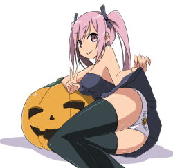 Rule 34 | 1girl, :p, ass, bare shoulders, black dress, black thighhighs, breasts, clothes lift, dress, female focus, jack-o&#039;-lantern, large breasts, long hair, looking at viewer, lying, on side, original, panties, pantyshot, purple eyes, purple hair, simple background, skirt, skirt lift, sky-freedom, smile, solo, strapless, strapless dress, thighhighs, tongue, tongue out, twintails, underwear, upskirt, v, white background