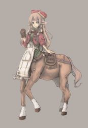 Rule 34 | 1girl, animal ears, apron, bad id, bad pixiv id, bare shoulders, beret, blonde hair, blue eyes, bottomless, braid, centaur, detached sleeves, gloves, grey background, hat, hooves, horse ears, jacket, monster girl, original, pointy ears, pouch, ribbed sweater, simple background, single glove, sleeveless, sleeveless turtleneck, smile, solo, sweater, tail, taur, turtleneck, twin braids, zhanhan