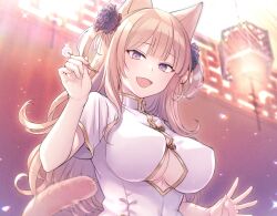Rule 34 | 1girl, :d, animal ears, breasts, cat ears, cat tail, chinese clothes, cleavage, cleavage cutout, clothing cutout, e (eokiba), holding, lap pillow invitation, large breasts, light brown hair, long hair, mimikaki, open mouth, original, purple eyes, smile, solo, tail, two side up, underboob, underboob cutout, upper body