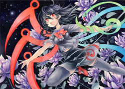 Rule 34 | 1girl, asymmetrical wings, black hair, black shirt, black skirt, black thighhighs, colored pencil (medium), flower, holding, holding weapon, houjuu nue, looking at viewer, lotus, mosho, open mouth, outstretched arms, painting (medium), polearm, red eyes, red footwear, shirt, shoes, short hair, short sleeves, skirt, snake, solo, space, star (sky), teeth, thighhighs, touhou, traditional media, trident, watercolor (medium), weapon, wings, zettai ryouiki