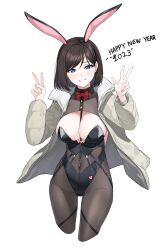 Rule 34 | 1girl, 2023, absurdres, animal ears, between breasts, black leotard, blue eyes, bow, bowtie, breasts, brown hair, brown pantyhose, chinese zodiac, cleavage, controlline3, counter:side, cropped legs, double v, fake animal ears, fur trim, gluteal fold, grin, hairband, hands up, happy new year, highleg, highleg leotard, highres, jacket, kim hana (counter:side), large breasts, leotard, long sleeves, looking at viewer, mole, mole under eye, new year, open clothes, open jacket, pantyhose, playboy bunny, rabbit ears, short hair, smile, solo, strapless, strapless leotard, v, white jacket, wing collar, year of the rabbit