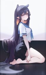 Rule 34 | 1girl, absurdly long hair, alternate costume, bare legs, barefoot, black skirt, blue neckerchief, blue sailor collar, breasts, closed mouth, commentary, english commentary, feet, from side, gradient hair, highres, hololive, hololive english, kneeling, koahri, legs, light blush, long hair, looking at viewer, midriff peek, mole, mole under eye, multicolored hair, neckerchief, ninomae ina&#039;nis, orange hair, pleated skirt, pointy ears, purple eyes, purple hair, sailor collar, school uniform, serafuku, shirt, short sleeves, sitting, skirt, small breasts, soles, solo, tentacle hair, toes, very long hair, virtual youtuber, white background, white shirt