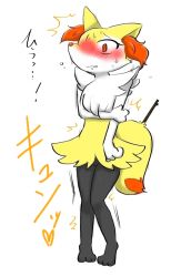 Rule 34 | 1girl, animal ears, animal hands, blush, braixen, clenched teeth, constricted pupils, creatures (company), embarrassed, feet, female focus, flying sweatdrops, fox ears, fox tail, full body, furry, furry female, game freak, gen 6 pokemon, have to pee, heart, holding own arm, knees together feet apart, nintendo, pigeon-toed, pokemon, pokemon (creature), pokemon xy, red eyes, seiya mesu, simple background, solo, standing, stick, sweat, tail, teeth, text focus, translation request, trembling, wavy mouth, white background