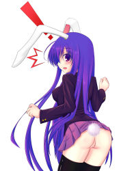 Rule 34 | 1girl, animal ears, ass, bad id, bad pixiv id, breasts, female focus, highres, inu3, long hair, looking back, no panties, purple eyes, purple hair, pussy, rabbit ears, rabbit girl, rabbit tail, reisen udongein inaba, skirt, solo, tail, thighhighs, touhou, upskirt, white background