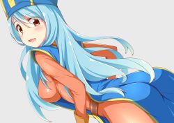 Rule 34 | 1girl, ass, blue hair, blue hat, blush, bodysuit, breasts, brown eyes, dou-t, dragon quest, dragon quest iii, grey background, hat, highres, large breasts, long hair, looking at viewer, mitre, open mouth, orange bodysuit, priest (dq3), sideboob, simple background, smile, solo, tabard