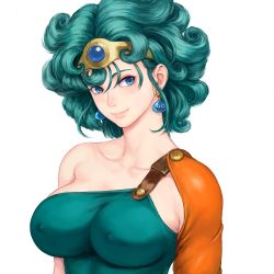 Rule 34 | 1girl, asymmetrical clothes, blue eyes, breasts, commentary request, covered erect nipples, curly hair, dragon quest, dragon quest iv, earrings, green hair, headpiece, heroine (dq4), jewelry, looking at viewer, short hair, shu-mai, simple background, slime (dragon quest), solo, square enix, upper body, white background