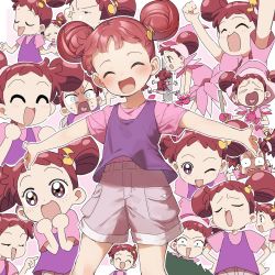 Rule 34 | 1girl, :d, ;d, ^ ^, absurdres, backpack, bag, blouse, blush, brown shorts, child, closed eyes, commentary request, double bun, dress, eighth note, forehead, fortissimo, gloves, hair bun, hair ornament, hands on own hips, harukaze doremi, highres, multiple views, musical note, musical note hair ornament, ojamajo doremi, one eye closed, open mouth, outstretched arms, pink dress, pink gloves, pink shirt, pointing, pole, pouty lips, purple eyes, purple tank top, randoseru, red hair, shirt, short shorts, short sleeves, shorts, smile, sparkling eyes, spread arms, spread legs, sweat, tank top, v-shaped eyebrows, yukie (kusaka shi)