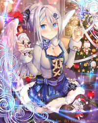 Rule 34 | 1girl, angel wings, black thighhighs, blue eyes, blush, breasts, christmas, christmas ornaments, christmas tree, cleavage, closed mouth, cross, cross necklace, falkyrie no monshou, hair ornament, hairclip, indoors, jewelry, large breasts, looking at viewer, natsumekinoko, necklace, official art, short hair, silver hair, smile, solo, thighhighs, wings
