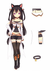Rule 34 | 1girl, :o, animal ears, bare shoulders, black hair, black thighhighs, boots, bow, character profile, choker, collarbone, hair bow, hand on own hip, highres, kyuri tizu, long hair, midriff, original, purple eyes, simple background, solo, tail, thighhighs, two side up, white background, wolf ears, wolf tail, zettai ryouiki