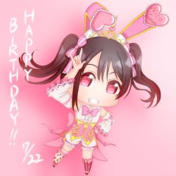 Rule 34 | 1girl, 2019, artist name, artist request, black hair, blush, bow, chibi, dress, female focus, full body, hair bow, hand on own hip, heart, long sleeves, love live!, love live! school idol festival, love live! school idol project, pink background, pink skirt, red bow, red eyes, ribbon, skirt, smile, solo, tiara, twintails, v, w, white dress, yazawa nico, yossidragon