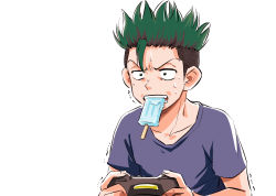 Rule 34 | 1boy, ao ashi, collarbone, controller, eating, food, game controller, green hair, grey shirt, looking at viewer, male focus, meguru931, mouth hold, ootomo eisaku, popsicle, shaking, shirt, simple background, solo, spiked hair, sweat, t-shirt, teeth hold, upper body, white background