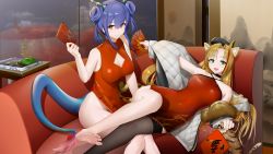 Rule 34 | 2girls, :d, absurdres, animal ears, arknights, bare arms, bare legs, bare shoulders, barefoot, black coat, black thighhighs, blue eyes, blue hair, breasts, bright pupils, ch&#039;en (ageless afterglow) (arknights), ch&#039;en (arknights), cleavage, cleavage cutout, closed mouth, clothing cutout, coat, couch, covered navel, criss-cross halter, double bun, dragon girl, dragon horns, dragon tail, dress, envelope, fang, feet, fur shawl, green eyes, hair between eyes, hair bun, halterneck, highres, holding, horns, indoors, large breasts, leg up, long sleeves, looking at viewer, lying, medium breasts, multicolored hair, multiple girls, no panties, official alternate costume, on back, on couch, open clothes, open coat, open mouth, parted bangs, pelvic curtain, red dress, red eyes, red hair, shawl, single thighhigh, sitting, sleeveless, sleeveless dress, smile, soles, streaked hair, swire (arknights), swire (honor and splendor) (arknights), tail, thighhighs, tiger, tiger ears, tiger girl, tiger tail, toes, two-tone hair, vamjulian