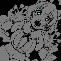 Rule 34 | 1girl, ahoge, alternate costume, animal ears, animal hands, bad id, bad twitter id, bare shoulders, blue eyes, braid, breasts, claw pose, cowboy shot, cropped shirt, cross tie, drooling, dutch angle, fur-trimmed shirt, fur trim, gloves, greyscale, highres, inactive account, kemonomimi mode, kizuna akari, large breasts, long hair, looking at viewer, low twin braids, midriff, monochrome, navel, onion jounouchi, paw gloves, saliva, sharp teeth, shirt, simple background, sleeveless, sleeveless shirt, solo, spot color, teeth, twin braids, vocaloid, voiceroid, wolf ears, you gonna get eaten