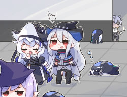 Rule 34 | :d, ^^^, arknights, black capelet, black dress, black headwear, black pants, blush stickers, capelet, chibi, closed eyes, commentary request, crotch cutout, dress, gladiia (arknights), grey eyes, grey hair, grey shirt, hair between eyes, hat, holding, holding knife, indoors, jaye (arknights), knife, midzuchi, open mouth, pants, pointy ears, purple hair, red eyes, shirt, skadi (arknights), smile, specter (arknights), standing, tile floor, tiles