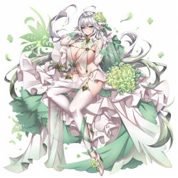 Rule 34 | 1girl, aata1007, ahoge, alternate costume, bare shoulders, blush, bouquet, bow, braid, breasts, bridal veil, commentary request, covered erect nipples, cross-shaped pupils, dress, elbow gloves, flower, full body, genshin impact, gloves, gold trim, gradient hair, green bow, green eyes, green flower, green hair, green rose, grey hair, hair between eyes, hair bow, hair ornament, hands up, high heels, highres, huge breasts, leaf, loincloth, long hair, looking at viewer, multicolored hair, navel, pointy ears, rose, rukkhadevata (genshin impact), see-through, shoes, simple background, sitting, smile, solo, symbol-shaped pupils, teeth, thighhighs, thighs, veil, wedding dress, white background, white footwear, white gloves, white thighhighs