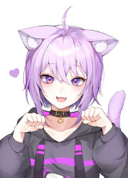 1girl absurdres ahoge animal_ears cat_ears cat_girl cat_tail clenched_hands collar ddungddang fang heart highres hololive hood hoodie medium_hair nekomata_okayu open_mouth purple_eyes purple_hair tail virtual_youtuber