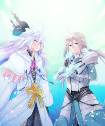 Rule 34 | 2boys, aqua eyes, armor, bedivere (fate), blue eyes, cloak, fate/grand order, fate/stay night, fate (series), frills, gauntlets, hair ornament, long hair, merlin (fate/stay night), multiple boys, pants, ponytail, silver hair, staff, weapon