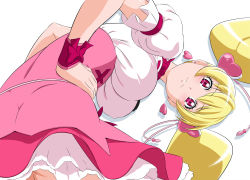 Rule 34 | 1girl, :3, bent over, blonde hair, breasts, cure peach, earrings, fresh precure!, from behind, fuchi (nightmare), hair ornament, hands on own hips, heart, heart earrings, heart hair ornament, high-waist skirt, jewelry, large breasts, layered skirt, long hair, looking at viewer, looking back, miniskirt, pink skirt, precure, red eyes, shirt, short sleeves, simple background, skirt, solo, twintails, very long hair, white background, white shirt, wrist cuffs