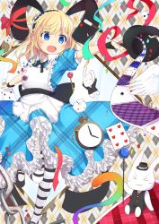 Rule 34 | 1girl, :d, alice, alice (alice in wonderland), bad id, bad pixiv id, blonde hair, blue eyes, card, dice, hairband, hat, holding, lolita hairband, long hair, open mouth, original, outstretched arms, pantyhose, playing card, pocket watch, rabbit, sasahara wakaba, smile, solo focus, spread arms, standing, standing on one leg, striped clothes, striped pantyhose, watch