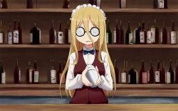 Rule 34 | 10s, 1girl, bar (place), bartender, black bow, black bowtie, blonde hair, blurry, blurry background, bottle, bow, bowtie, brown vest, cocktail shaker, coke-bottle glasses, commentary, cosplay, counter, cutlass (girls und panzer), cutlass (girls und panzer) (cosplay), dress shirt, girls und panzer, glasses, hair between eyes, handkerchief, holding, indoors, kakizaki (chou neji), long hair, long sleeves, looking at viewer, maid headdress, nekonyaa, nekonyaa (girls und panzer), open mouth, round eyewear, school uniform, shelf, shirt, smile, solo, standing, upper body, vest, white shirt, wing collar