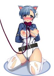 Rule 34 | 10s, 1girl, :o, alternate breast size, animal ears, arms behind back, bdsm, belt, belt skirt, between breasts, blue hair, blunt bangs, blush, bodysuit, bondage, bound, braid, breast bondage, breasts, collar, cropped jacket, embarrassed, fin e ld si laffinty, flower, french braid, full body, hair flower, hair ornament, hip focus, jacket, kemonomimi mode, large breasts, leash, leotard, long sleeves, looking at viewer, nipples, no shoes, nose blush, open mouth, pet play, pilot suit, purple eyes, pussy juice, raised eyebrows, rinne no lagrange, rope, short hair, sidelocks, simple background, sitting, slave, solo, tears, thighhighs, thighs, torn clothes, torn leotard, torn thighhighs, viewer holding leash, wariza, wavy mouth, white background, white thighhighs, yuzumiya mono