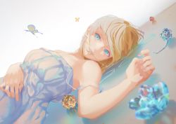 Rule 34 | 1girl, absurdres, armpit peek, bare arms, bare shoulders, bennopi, blonde hair, blue eyes, breasts, bug, butterfly, commentary, dress, dutch angle, english commentary, eyelashes, fingernails, gem, grin, hair in own mouth, hand on own stomach, highres, insect, long hair, looking at viewer, lying, medium breasts, nail polish, on back, original, pink nails, procreate (medium), simple background, sleeveless, sleeveless dress, smile, solo, spaghetti strap, strap slip, sundress, upper body, white background, white dress