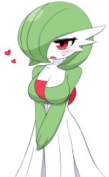 Rule 34 | 1girl, blush, bob cut, breasts, cleavage, collarbone, colored skin, creatures (company), female focus, game freak, gardevoir, gen 3 pokemon, green hair, green skin, hair over one eye, heart, highres, large breasts, multicolored skin, nintendo, one eye covered, open mouth, own hands together, pokemon, pokemon (creature), rarara (pixiv 14765246), red eyes, short hair, simple background, solo, standing, sweat, two-tone skin, v arms, white background, white skin