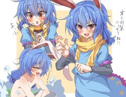 Rule 34 | 1girl, :d, animal ears, blue dress, blue hair, blush, closed eyes, commentary request, crescent print, dress, food, long sleeves, low twintails, mifutatsu, multiple views, nude, open mouth, rabbit ears, red eyes, scarf, seiran (touhou), smile, star (symbol), star print, touhou, twintails, yellow background, yellow scarf