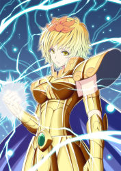 Rule 34 | 1girl, armor, black hair, blonde hair, cape, clenched hand, cosplay, energy, female focus, gauntlets, gold armor, h-new, hair ornament, highres, leo aiolia, leo aiolia (cosplay), multicolored hair, saint seiya, short hair, shoulder pads, solo, toramaru shou, touhou, two-tone hair, yellow eyes