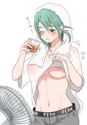 Rule 34 | 1girl, alternate costume, bad id, bad pixiv id, breasts, byleth (female) (fire emblem), byleth (fire emblem), clothes lift, covered erect nipples, cup, electric fan, fire emblem, fire emblem: three houses, glass, green eyes, green hair, highres, holding, holding cup, large breasts, lifting own clothes, nintendo, nipples, one eye closed, parted lips, shirt lift, short sleeves, simple background, solo, sweat, tanimadayo, underboob, white background