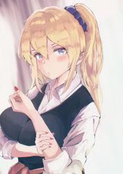 Rule 34 | 1girl, absurdres, blonde hair, blue eyes, blurry, blush, breasts, cardigan, cardigan around waist, closed mouth, clothes around waist, day, depth of field, ease yana (airse yana), expressionless, fingernails, hair between eyes, hand on own wrist, hand up, hayasaka ai, highres, impossible clothes, indoors, kaguya-sama wa kokurasetai ~tensai-tachi no renai zunousen~, large breasts, long hair, looking at viewer, nail polish, red nails, school uniform, scrunchie, side ponytail, sidelocks, solo, upper body, vest