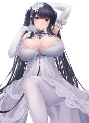 Rule 34 | 1girl, absurdres, arm up, armpits, azur lane, black hair, blush, breasts, bridal gauntlets, cleavage, closed mouth, dress, flower, hair flower, hair ornament, highres, large breasts, long hair, looking at viewer, official alternate costume, pantyhose, peter strasser (a moment frozen in pure white) (azur lane), peter strasser (azur lane), red eyes, seductive smile, smile, solo, wedding dress, white dress, white pantyhose, yuuki shuri