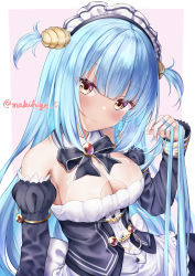 Rule 34 | 1girl, absurdres, apron, azur lane, bare shoulders, black bow, black dress, blue dress, blue hair, blush, bow, bowtie, breasts, cleavage, commentary request, corset, detached collar, detached sleeves, dress, frilled apron, frills, hand up, head tilt, highres, holding, holding hair, long hair, long sleeves, looking at viewer, maid headdress, makihige, medium breasts, neptune (azur lane), see-through, shell hair ornament, signature, smile, solo, very long hair, white apron, yellow eyes