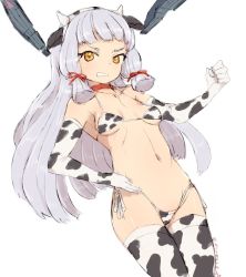 Rule 34 | 1girl, alchera, animal ears, animal print, bikini, breasts, brown eyes, clenched teeth, commentary request, cow ears, cow horns, cow print, cowboy shot, fake animal ears, fake horns, hair ribbon, headgear, horns, kantai collection, long hair, murakumo (kancolle), one-hour drawing challenge, ribbon, short eyebrows, side-tie bikini bottom, sidelocks, silver hair, simple background, small breasts, solo, swimsuit, teeth, thighhighs, tress ribbon, white background, white bikini, white thighhighs