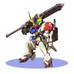 Rule 34 | arm cannon, chibi, glowing, glowing eye, green eyes, gundam, gundam barbatos, gundam barbatos lupus, gundam tekketsu no orphans, highres, holding, holding sword, holding weapon, ibuki sakura (sgw v07), mecha, mobile suit, no humans, over shoulder, robot, science fiction, solo, sword, v-fin, weapon, weapon over shoulder, white background