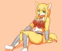 Rule 34 | 1girl, armor, blonde hair, boots, copyright request, corset, dog, furry, green eyes, long hair, navel, ohakotome, simple background, tagme, tail
