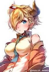 Rule 34 | 10s, 1girl, ahoge, breasts, draph, granblue fantasy, hair over one eye, horns, impossible clothes, laguna (granblue fantasy), large breasts, mataichi mataro, necktie, short hair, simple background, sleeveless, solo, twitter username, upper body, white background