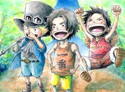 Rule 34 | 3boys, black hair, blonde hair, brothers, east blue, hat, male focus, moamoa (etsu1443), monkey d. luffy, multiple boys, one piece, pole, portgas d. ace, sabo (one piece), siblings, smile, staff, tank top, top hat, weapon, aged down