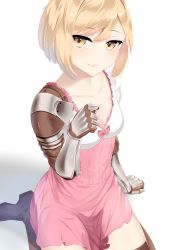 Rule 34 | 1girl, blonde hair, blush, boots, breasts, brown thighhighs, cleavage, djeeta (granblue fantasy), dress, from above, gauntlets, gloves, granblue fantasy, hair between eyes, hairband, hand up, high heel boots, high heels, highres, looking at viewer, medium breasts, mengo, pink dress, red hairband, seiza, short hair, sitting, smile, solo, thigh boots, thighhighs, yellow eyes