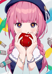 Rule 34 | 1girl, absurdres, apple, beret, blue eyes, blue hat, blue shirt, braid, commentary request, covered mouth, food, french braid, fruit, hat, highres, holding, holding food, holding fruit, kaf (kamitsubaki studio), kamitsubaki studio, light blush, long hair, looking at viewer, memori (egachachachan), multicolored eyes, paint tube, pink hair, red apple, red eyes, shirt, solo, straight-on, twin braids, upper body, virtual youtuber, yellow pupils