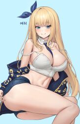 Rule 34 | 1girl, absurdres, ass, bare shoulders, between breasts, black jacket, blonde hair, blue background, blue eyes, blue shorts, breasts, camisole, cankofi&#039;s character, cleavage, commission, crop top, detached collar, dungeon and fighter, feet out of frame, grin, hair ribbon, highres, ildy, jacket, large breasts, long hair, looking at viewer, micro shorts, midriff, navel, necktie, necktie between breasts, off shoulder, original, ribbon, second-party source, shirt, shorts, simple background, sleeveless, sleeveless shirt, smile, solo, spaghetti strap, stomach, strap slip, thighs, very long hair, white shirt
