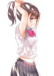 Rule 34 | 1girl, armpits, bow, bowtie, brown eyes, brown hair, closed mouth, collared shirt, commentary request, copyright request, from side, grey skirt, hair tie, hands up, looking at viewer, midriff, navel, pink bow, pink bowtie, pleated skirt, ponytail, shirt, short hair, short sleeves, sibyl, simple background, skirt, solo, tying hair, white background, white shirt, wing collar