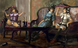 Rule 34 | 3girls, amibazh, black hair, black legwear, blue dress, bottle, breasts, brown hair, couch, cup, dress, drinking glass, closed eyes, fine art parody, foot out of frame, frills, grin, hand up, hands up, hat, himekaidou hatate, iizunamaru megumu, indoors, large breasts, long hair, looking at another, multiple girls, necktie, on couch, open mouth, panties, parody, profile, puffy short sleeves, puffy sleeves, shameimaru aya, shirt, short hair, short sleeves, sitting, smile, thighhighs, tokin hat, touhou, twintails, underwear, white panties, white shirt, wine bottle, wine glass
