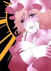 Rule 34 | 1girl, absurdres, bad id, bad pixiv id, blonde hair, blue eyes, broken, cross-eyed, crying, crying with eyes open, doll joints, dress, halo, hat, highres, joints, maribel hearn, ribbon, shards, short hair, solo, sooru0720, streaming tears, tears, touhou