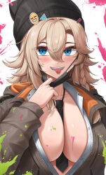Rule 34 | 1girl, animal ears, beanie, blonde hair, blue eyes, braid, breasts, cat ears, cleavage, hat, highres, hyena (last origin), jacket, large breasts, last origin, lazb., light blush, looking at viewer, mask, mask pull, mole, mole under eye, mouth mask, necktie, open clothes, open jacket, paint, paint splatter, paint splatter on face, school uniform, tongue, tongue out, white background