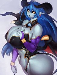 Rule 34 | 1girl, ass, astaroth (shinrabanshou), bare shoulders, black sclera, blue hair, breasts, bridal gauntlets, cleavage, colored sclera, colored skin, commentary request, curvy, demon girl, demon horns, demon wings, earrings, fang, fumio (rsqkr), grey skin, highres, horns, huge ass, huge breasts, jewelry, long hair, looking at viewer, nail polish, navel, parted lips, pink background, pointy ears, shinrabanshou, simple background, smile, solo, thick thighs, thighs, wings, yellow eyes